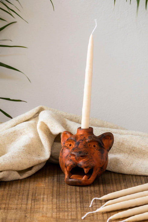 Jaguar Head Clay Candle Holder | Smoked Brick